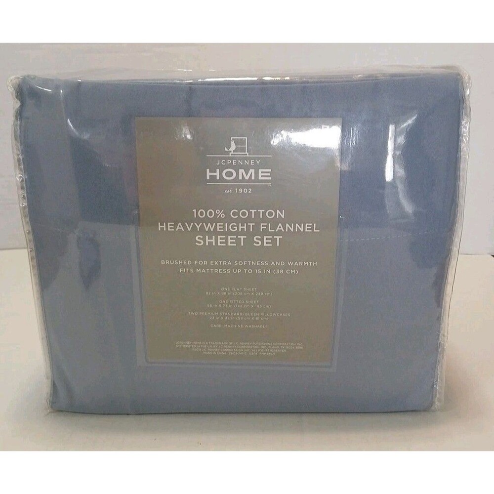 JCPenney Home 100% Cotton Heavy Flannel Full Sheet Set, Lapis Blue, New In Bag